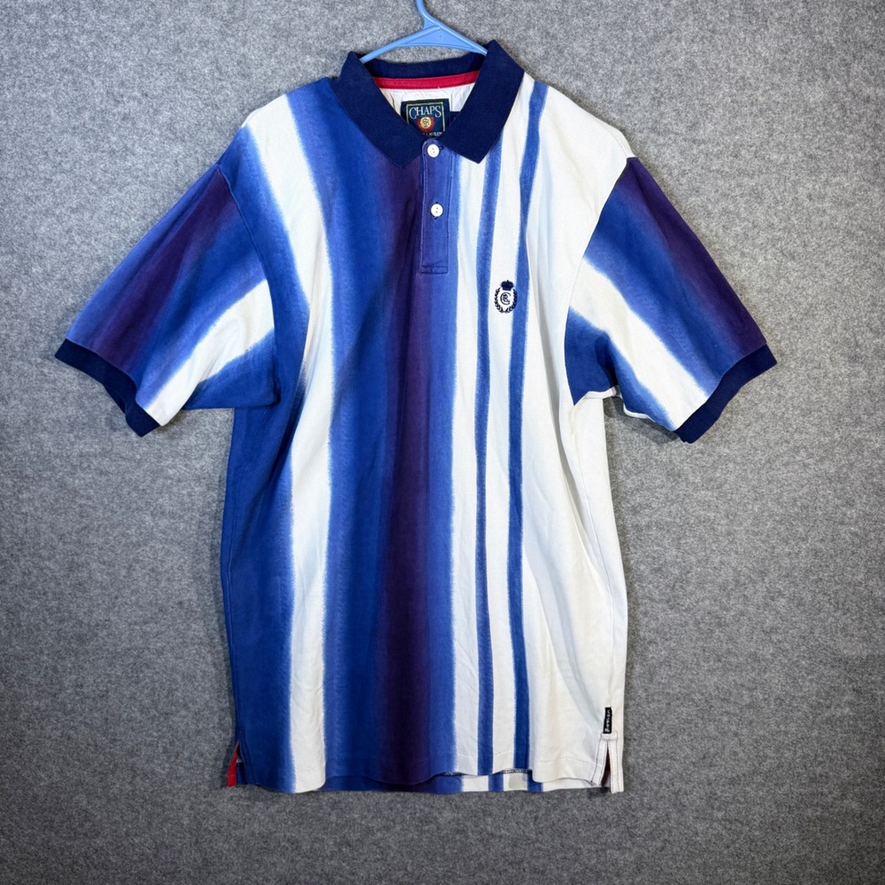 Chaps Ralph Lauren Men Striped Polo Shirt Blue White Cotton Size L‎